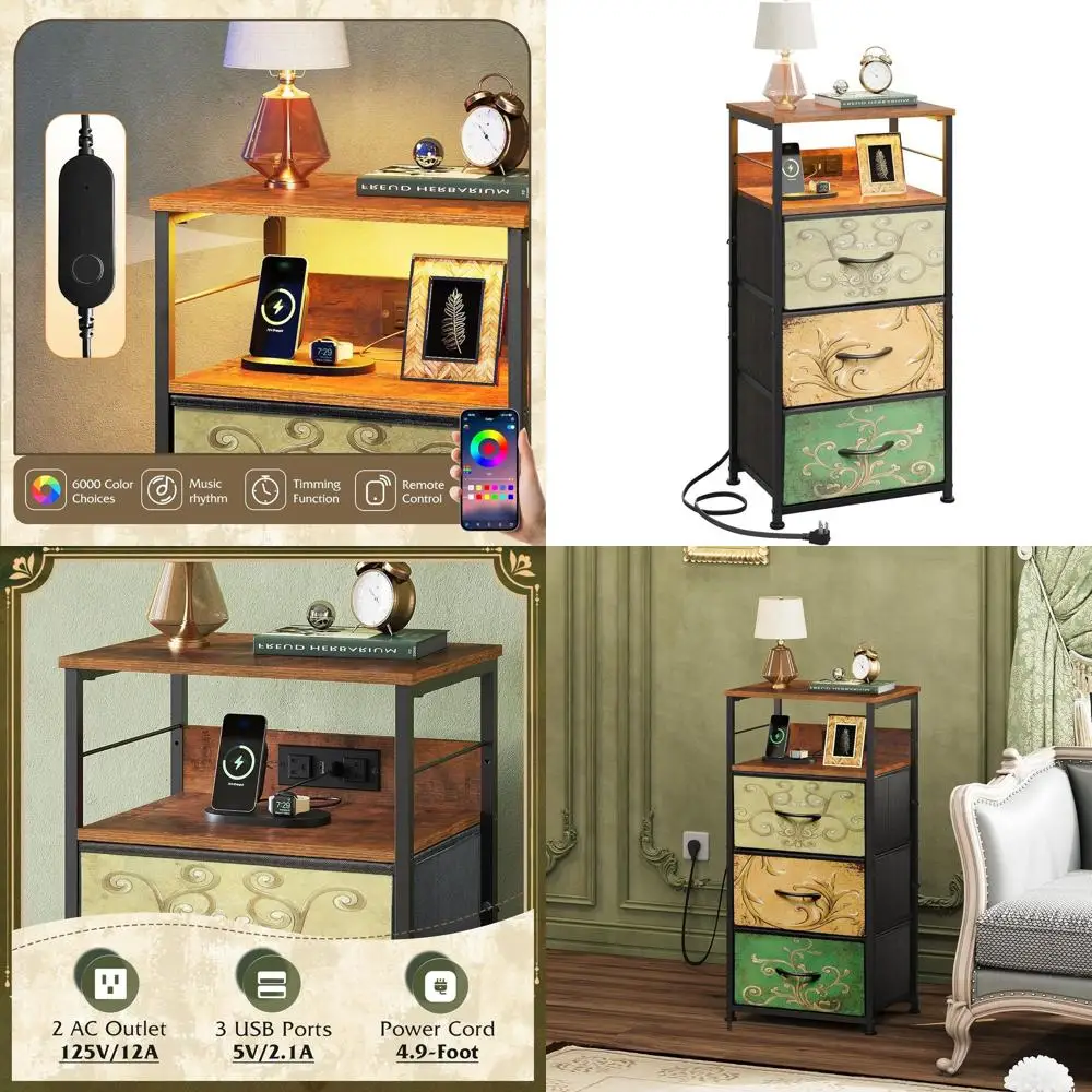 

Прикроватная тумба 31.9 High LED с 3 тканевыми ящиками, USB и розеткой, с цветочным рисунком, для спальни, общежития, прихожей