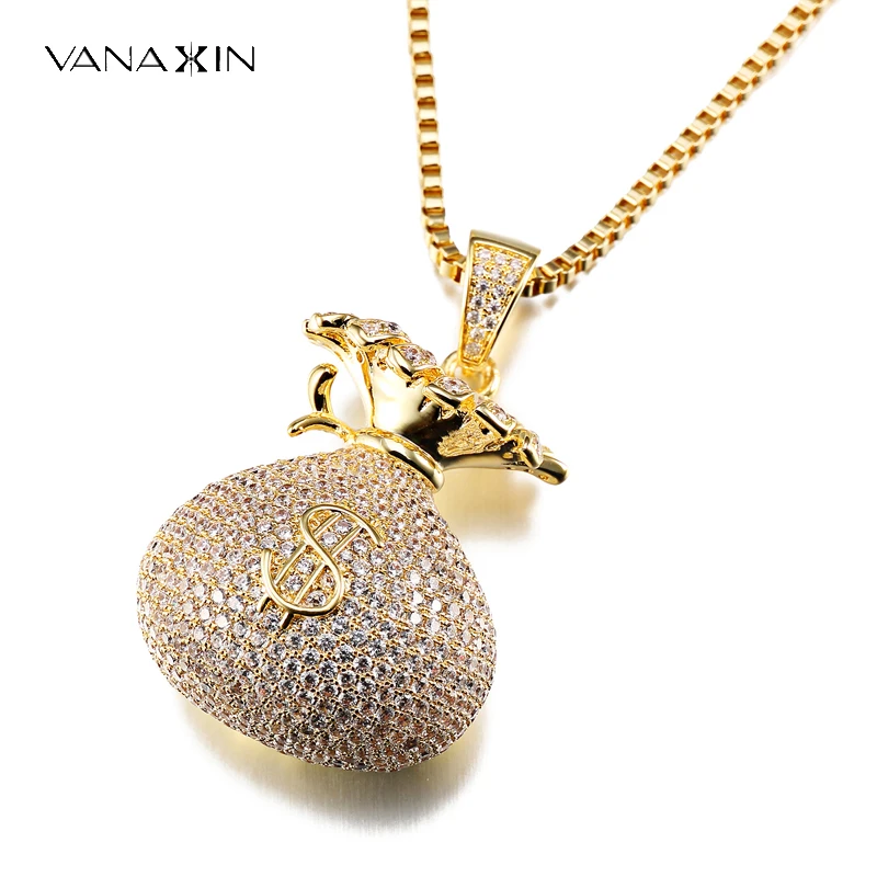 

VANAXIN Iced Out Money Bag Necklace Cubic Zircon Pendant For Men Women Hip Hop Rock Rap Cool Jewelry Gift