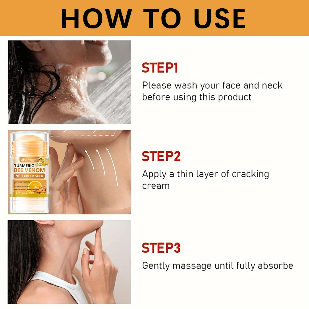 عصا كريم للرقبة على شكل سم النحل الكركم من SUYARUN - شد البشرة المضادة للشيخوخة، تقليل التجاعيد، مرطب محمول لجميع الأشخاص.