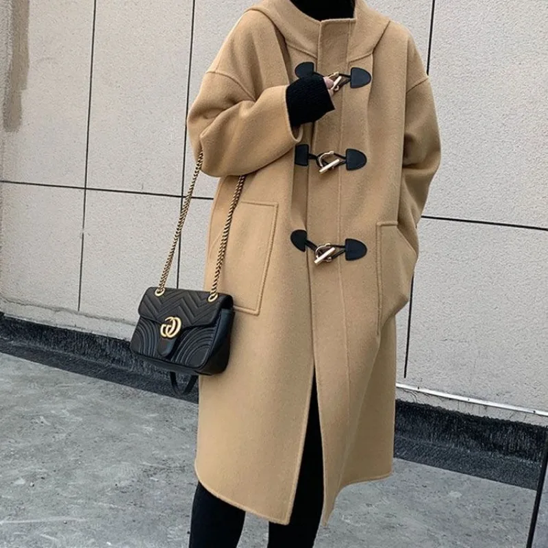 2023 Autumn Winter New Female High-End Hooded Horn Button Reversible Cashmere Coat Women Long Loose Solid Color Woolen Outwear