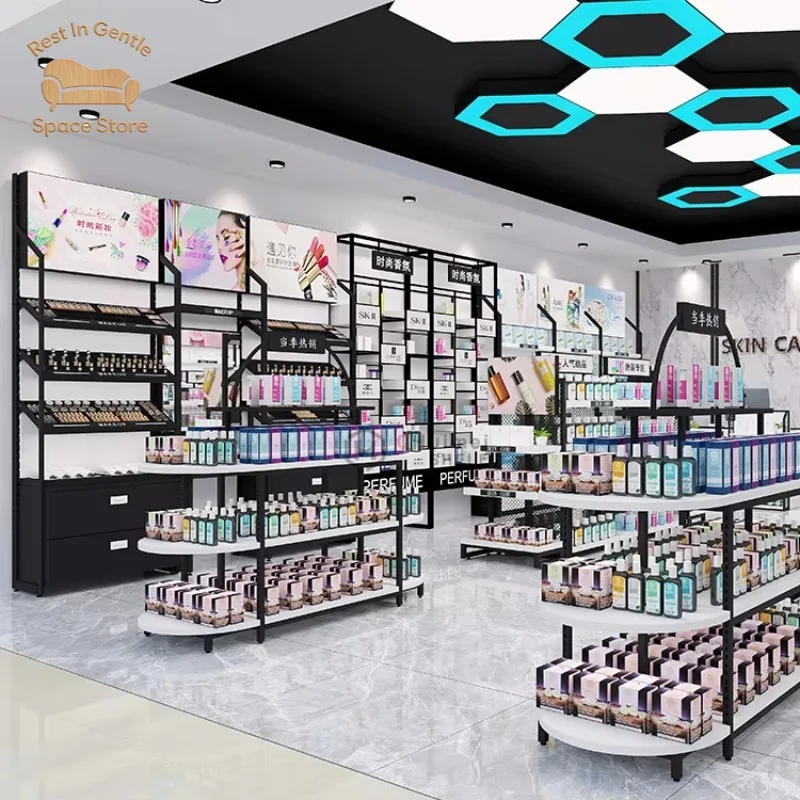 Fancy Metal Cosmetic Products Cabinet Retail Cosmetics Display Stand Storage with Light