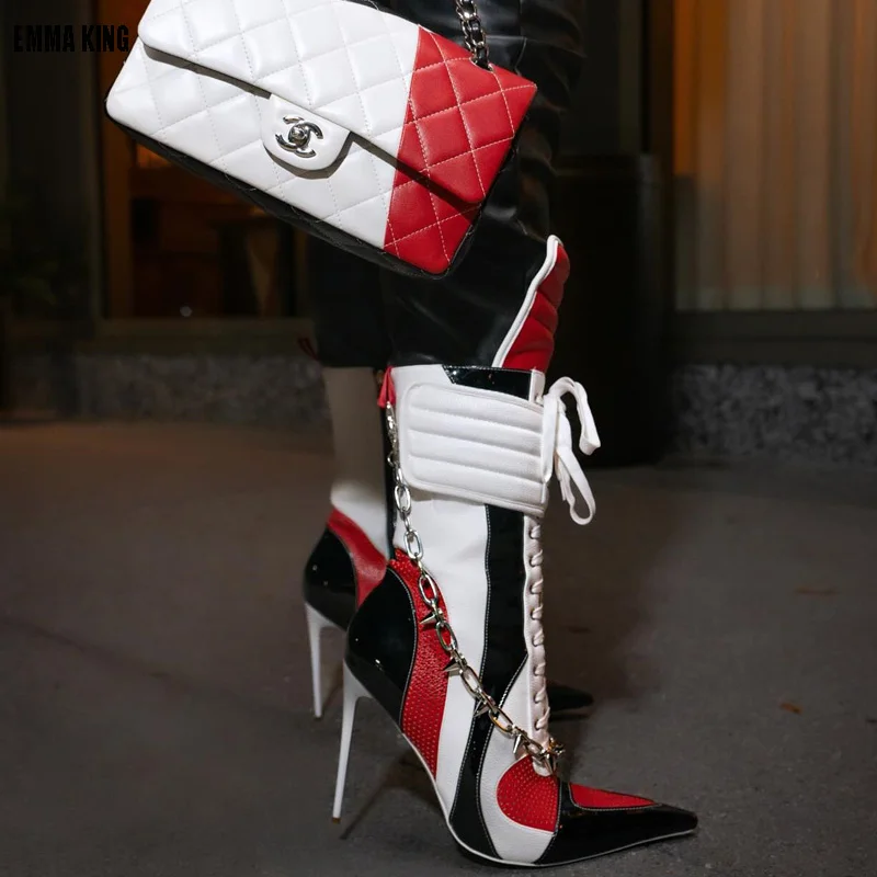 

Women Sexy Mid Calf Boots Leather Patchwork Motocross Protective Boots Buckle Lace Up Zipper Motos Riders Shoes 44