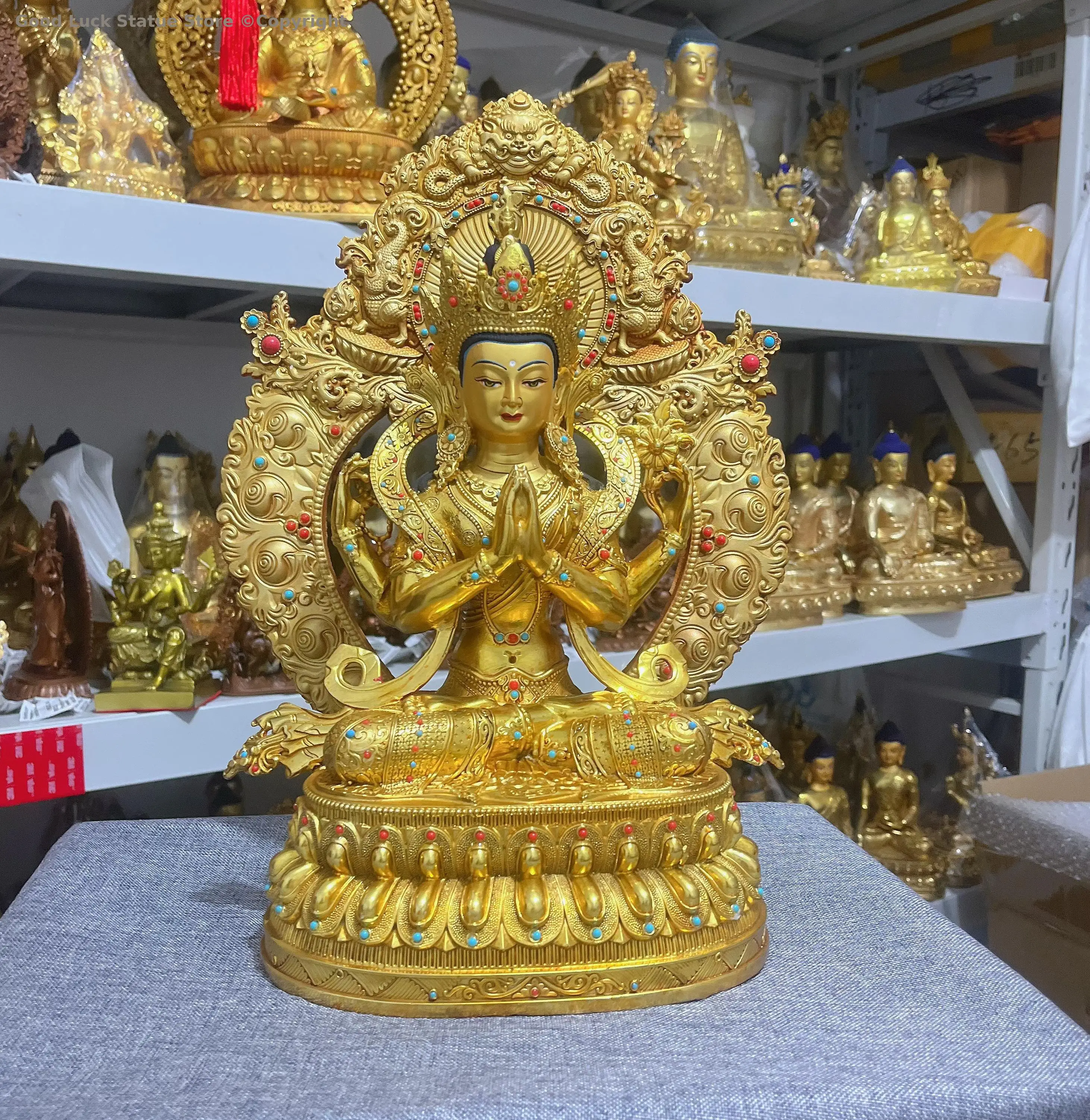 Buddhism Family Protector buddha Four armed Guanyin figure of Buddha gilding Buddha Statue temple Buddhist monk worship protect