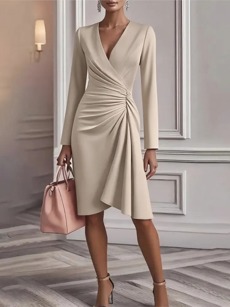2025 New Autumn Fashion Cross V-neck Waist Solid Color Long-sleeved Dress Women's Temperament Elegant Pleated Slim Waist Dresses
