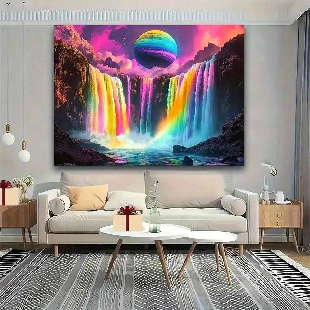 Trippy Rainbow Waterfall Tapestry - Psychedelic Planet Landscape Neon UV Reactive Wall Art, Aesthetic Room Decor, Multiple Sizes