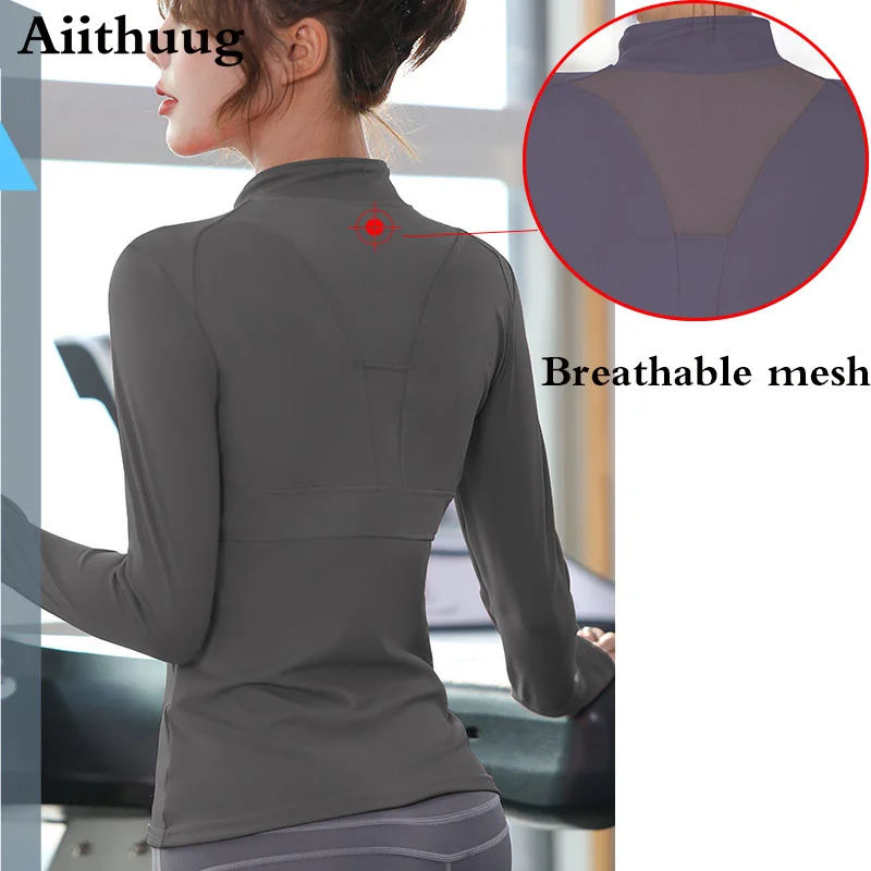 Aiithuug Women\'s Long Sleeves Sports Running Shirt Breathable Gym Workout Top Women\'s Yoga Jackets with Zipper with Finger Holes