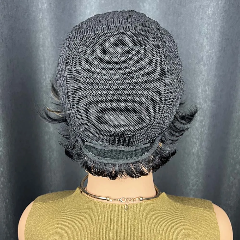 짧은 스트레이트 픽시컷 가발 내추럴 블랙 보브 가발 앞머리 포함 기계 제작 레미 인모 가발 흑인 여성용