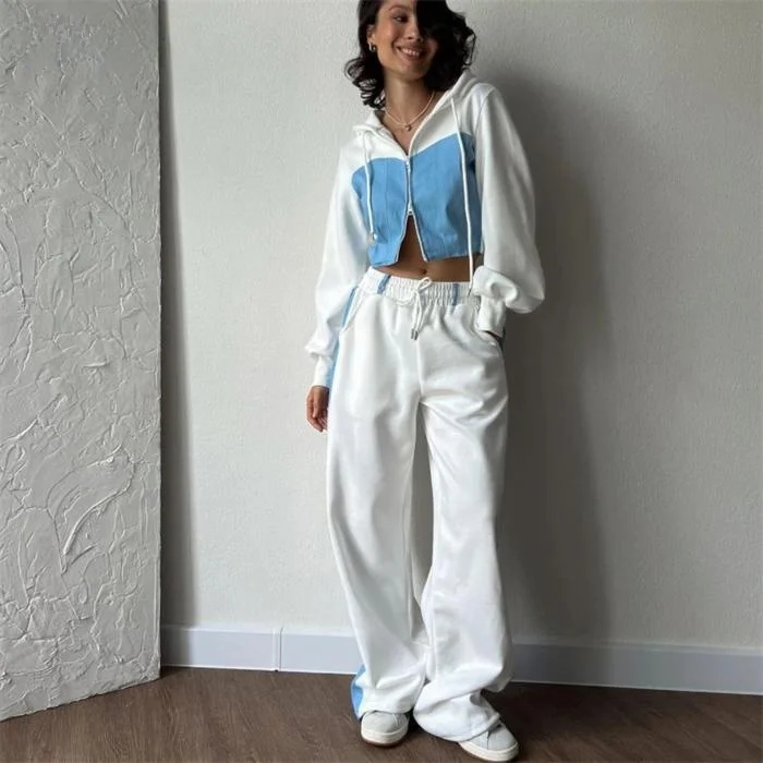 Damski zestaw sportowy: bluza z kapturem, spodnie, komplet dresowy, długi rękaw, zapinany na zamek, strój rekreacyjny, dwuczęściowy komplet.