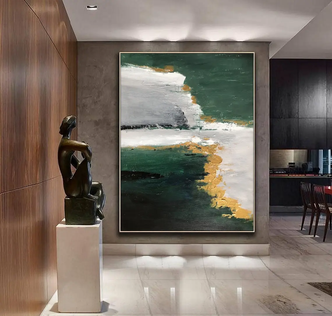 

Большая зеленая абстрактная картина маслом ручной работы на холсте, настенное искусство, оригинальные текстурированные настенные картины из белого золота для гостиной