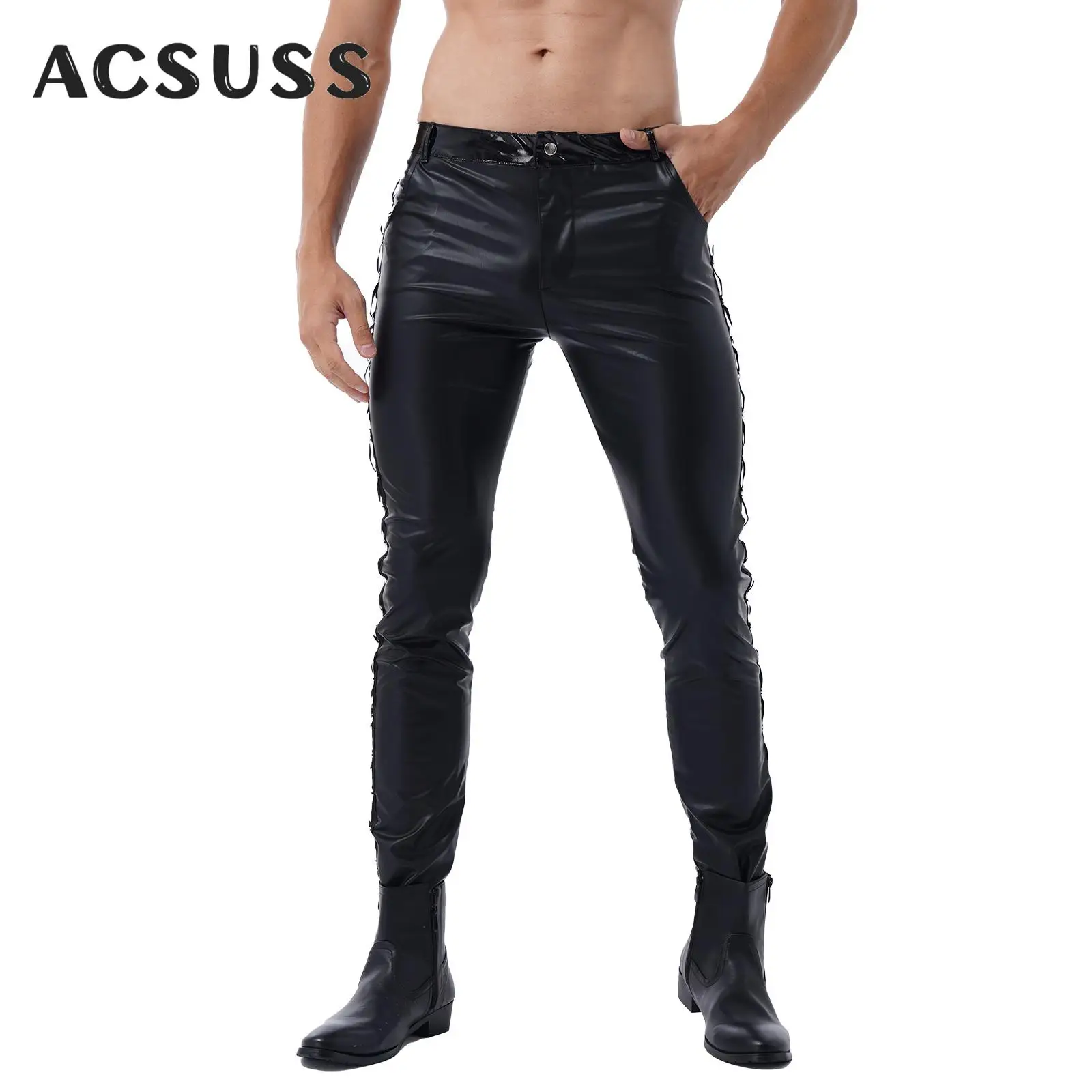 

Men Low Waist Faux Leather Shiny Pants Fashion Tight Trousers for Club Stage Show Rock Band Performance