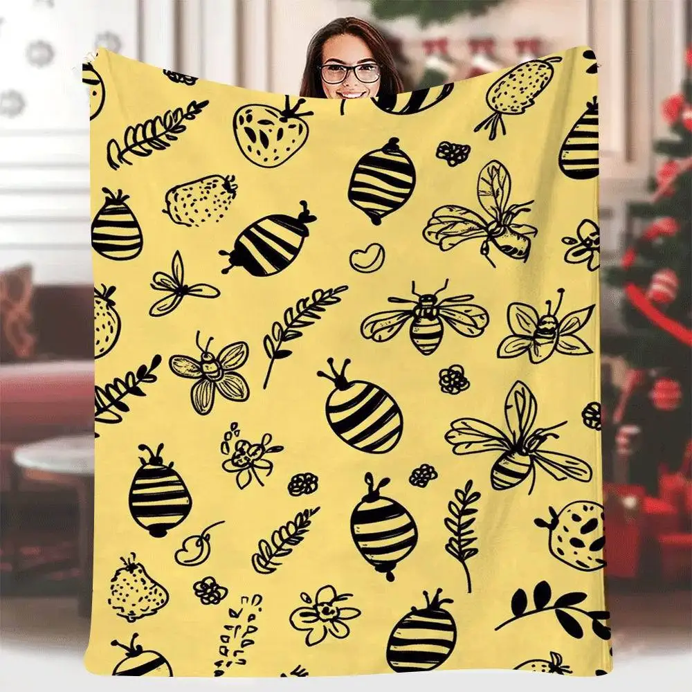 1 manta estampada de un solo lado de 60x80 pulgadas, garabatos Retro con temática de abeja y rayas amarillas y negras, suave y ligero para todas las estaciones