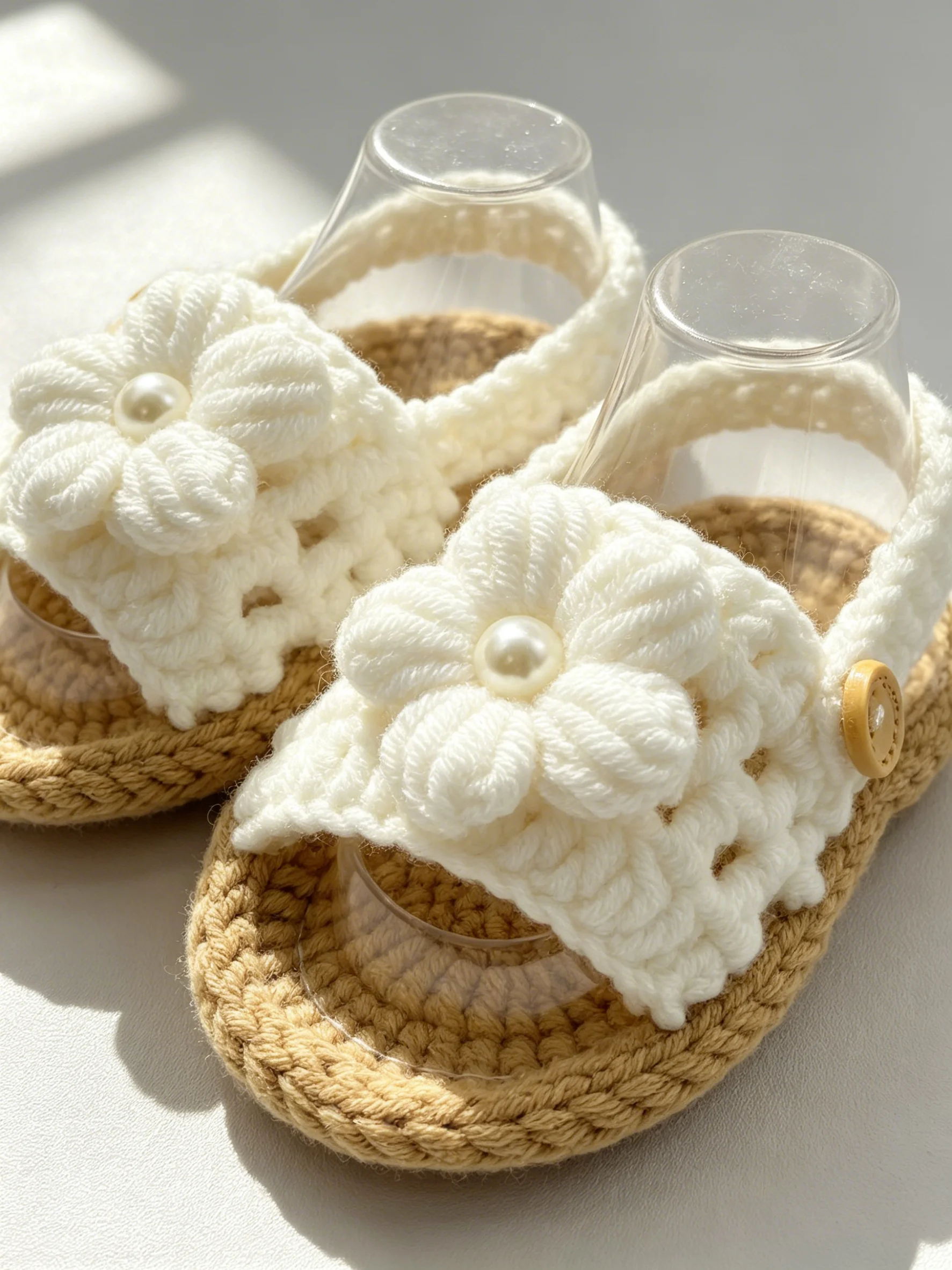 1 Pair Crochet Baby Sandals with Pearl Flower Detail, Handmade Knit Infant Shoes