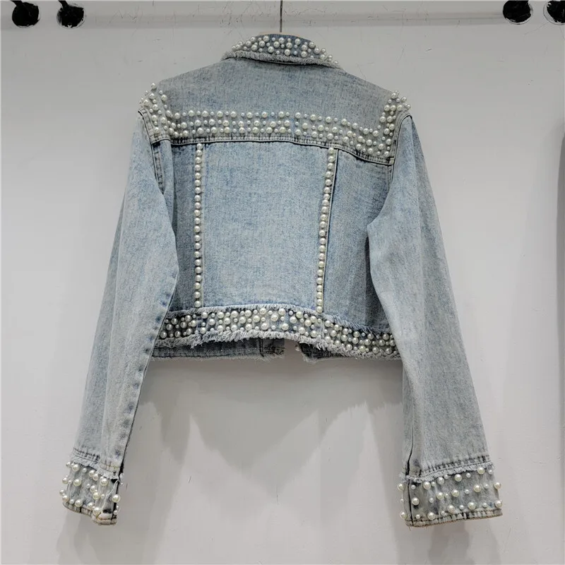 Perlen Diamanten Jeans jacke Frauen lose kurze Cowboy Oberbekleidung Herbst koreanische hellblau ausgefranste große Tasche Jeans Jacke weiblich