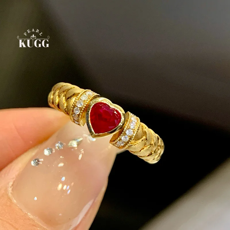 

KUGG 100% 18K Yellow Gold Rings Romantic Heart Shape Shiny Diamond Natural Ruby Gemstone Ring for Women High Wedding Jewelry