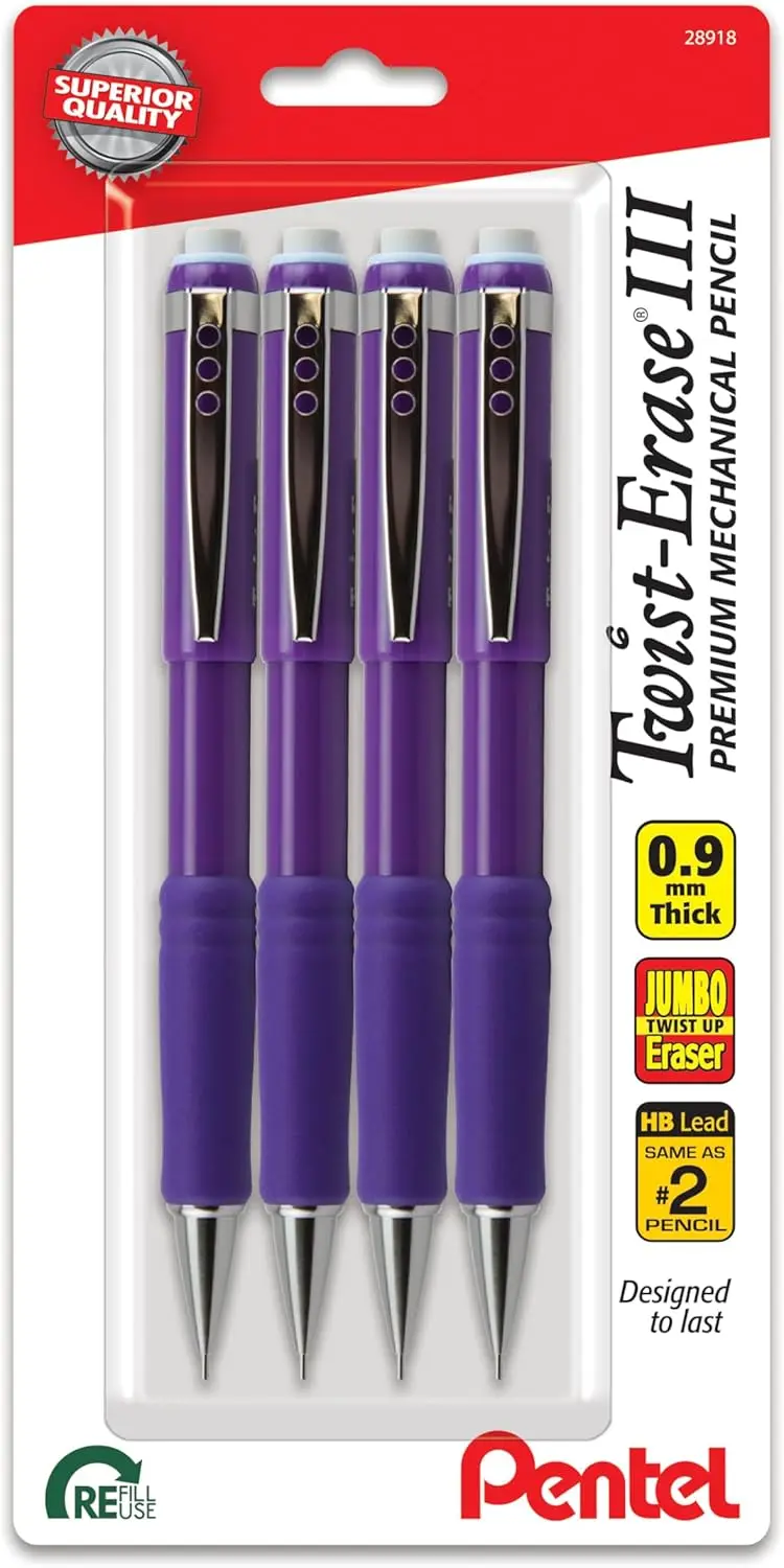 

Violet Mechanical Pencil Set, 0.9mm Bold Line, Twist-Up Eraser, Pack of 4 for Smooth Writing