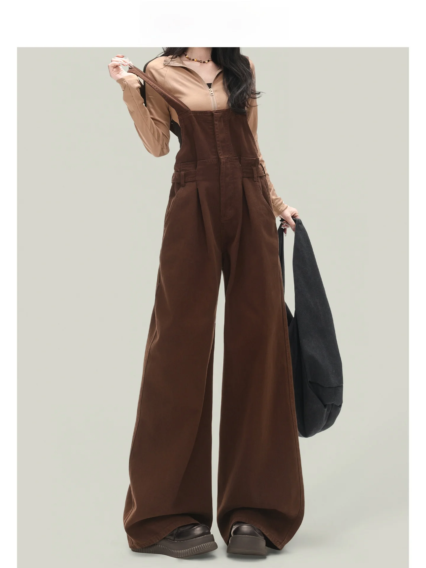 

Forever 2 Vintage Coffee Wide Leg Denim Overalls Women Loose Drapey Straight Cut Agel Jumpsuit American Sle High Waist ...