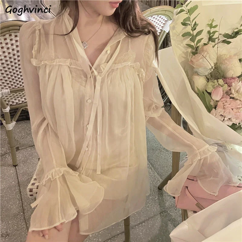 Shirts Women Edible Tree Fungus Flare Sleeve Mujer Classic Elegant Sweet Sexy Retro Design French Style Рубашки Ins Transparent