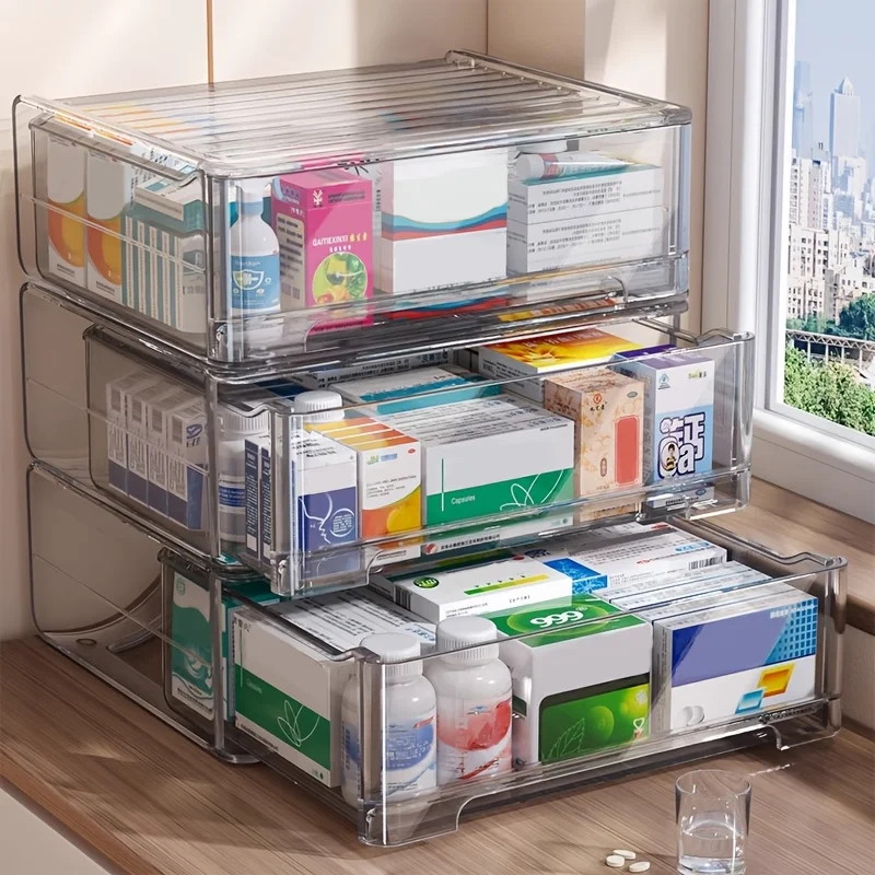 1-Piece Clear Medicine Storage Cabinet - Multi-Drawer Organizer, Ideal for The Home, Bathroom, and Kitchen - Durable Plastic,