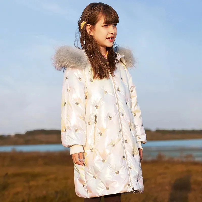 Teen Girls Clothes Winter Embroidery Children Outerwear Jackets Warm Down Coat 5- 14Y Real Fur Collar Hooded Long Parkas TZ684