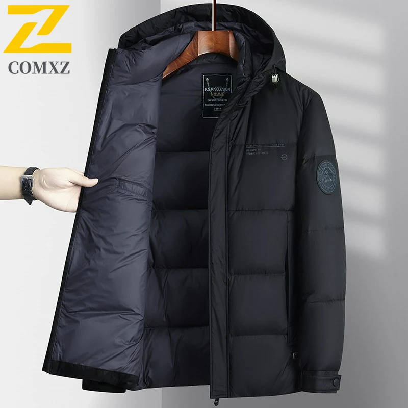 COMXZ Men Short Down Jacket Thicken Commute Office Lightweight Puffer Coat Fashion Detachable Hood Travel Windproof Winter Coats