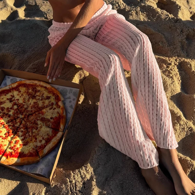 

Tsiisd Casual Beach Knitting Women's Pants Sheer High Waist Patchwork Vacation Style Solid Trousers Clothes Female Pants 2026