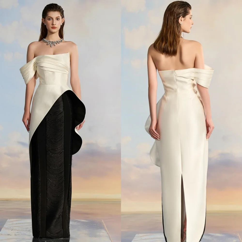 

Customized Simple Ivory Satin Evening Dress Classic Strapless Off the Shoulder Short Sleeves Zipper Back Special Occasion Gowns