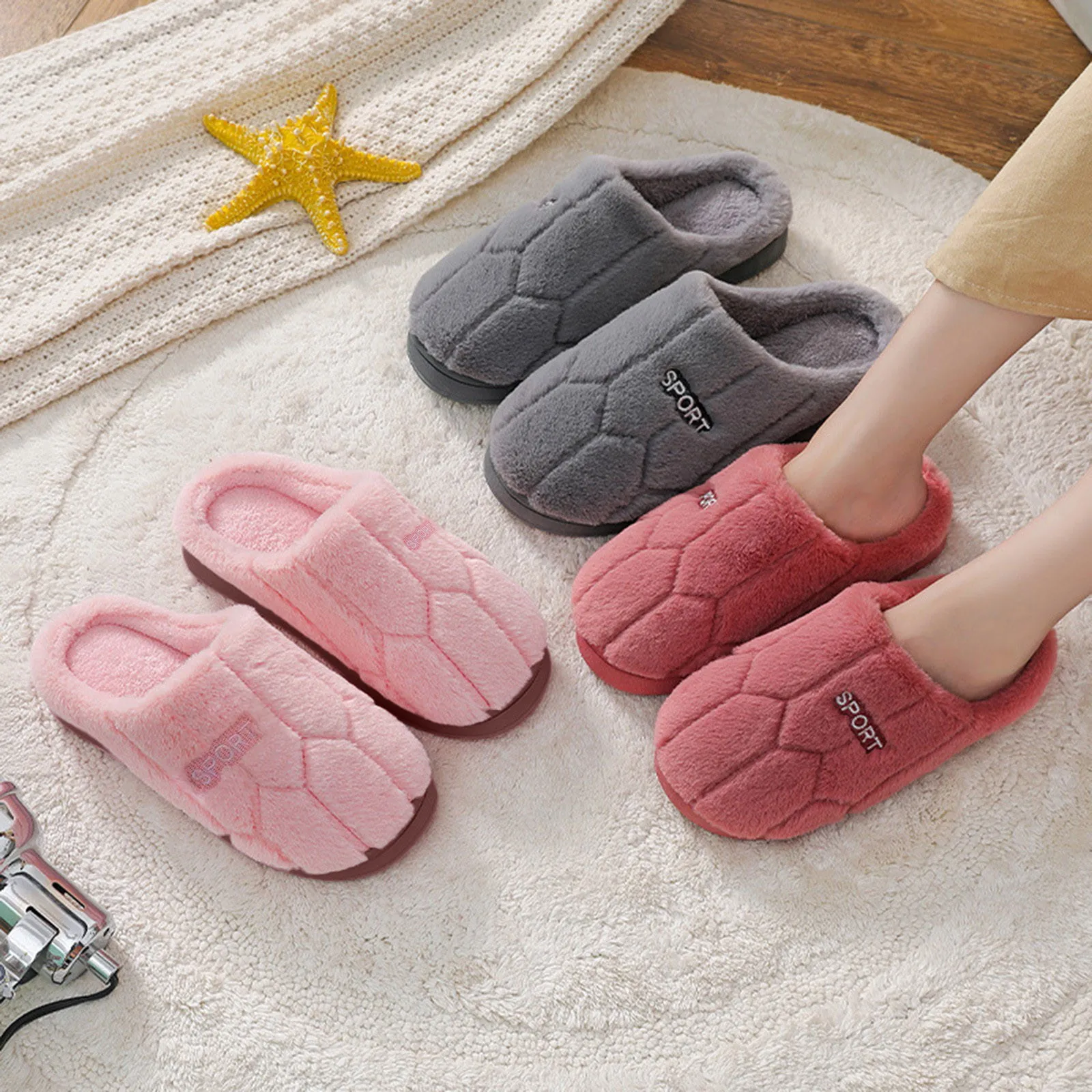 

2024 New Fur Slippers House Couples Women Fluffy Slides Autumn Warm Plush Solid Slipper Bedroom Ladies Comfortable Soft Shoes