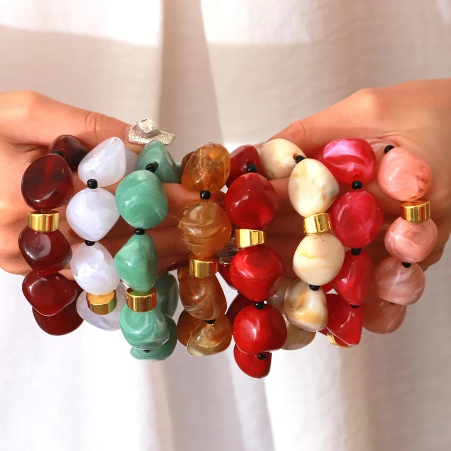 Retro Colorful Resin Imitation Stone Beads Elastic Bracelet for Women Boho Trendy Irregular Geometric Bangle Stack Jewelry Gift