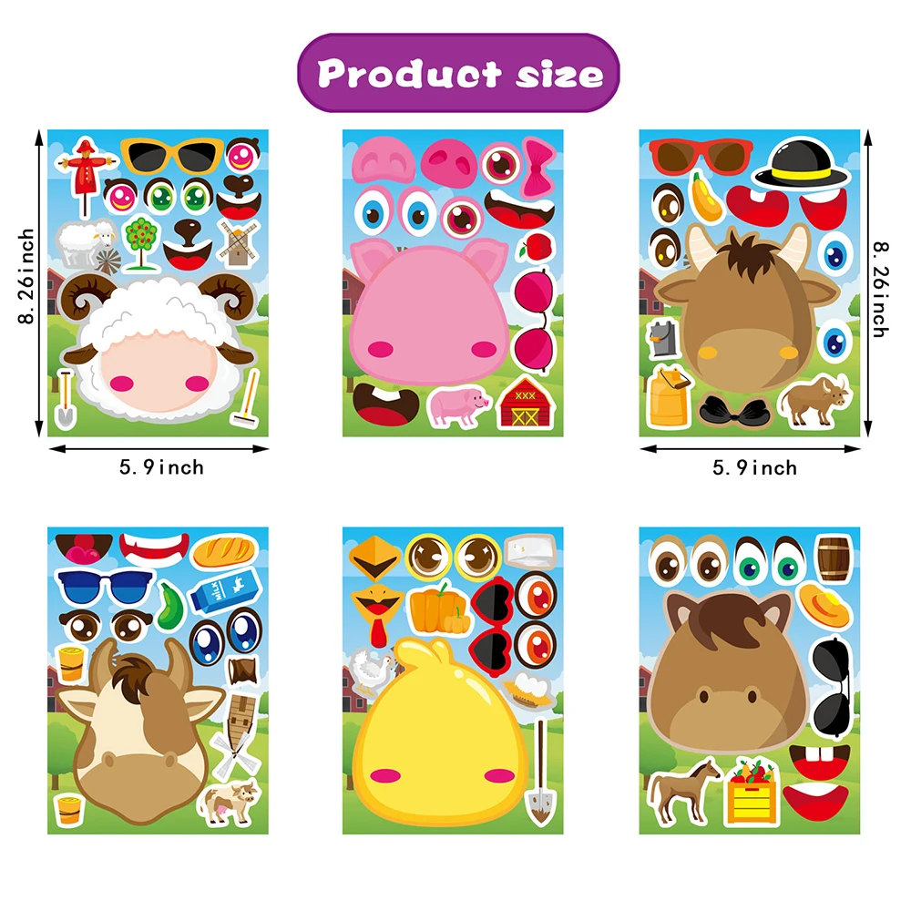 6/12Sheets Farm Animals Funny Make a Face Puzzle Stickers Decoration Create your own Sheep Pig Cartoon Assemble Jigsaw Kids Toys