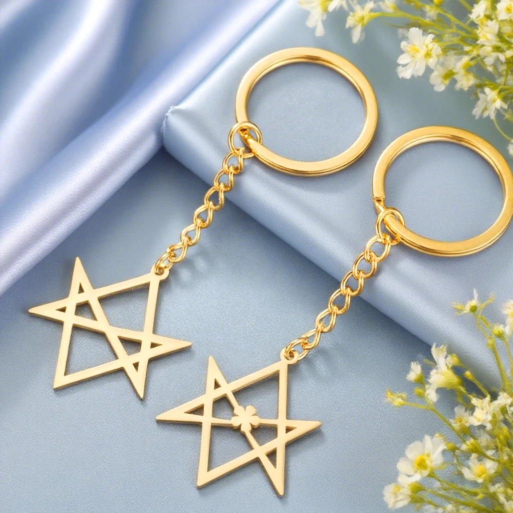 Dawapara Thelema-Llavero con colgante de hexagrama unicursal, amuleto de protección de estrella acuática, llavero de acero inoxidable