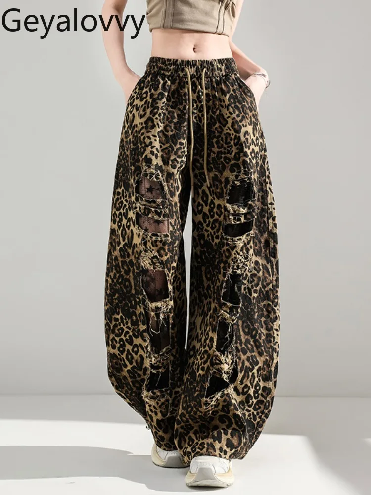 Leopard Print Washed Distressed Lace Patchwork Wide-Leg Pants for Women Summer Hip-Hop Sports Wide-Leg Casual Trousers