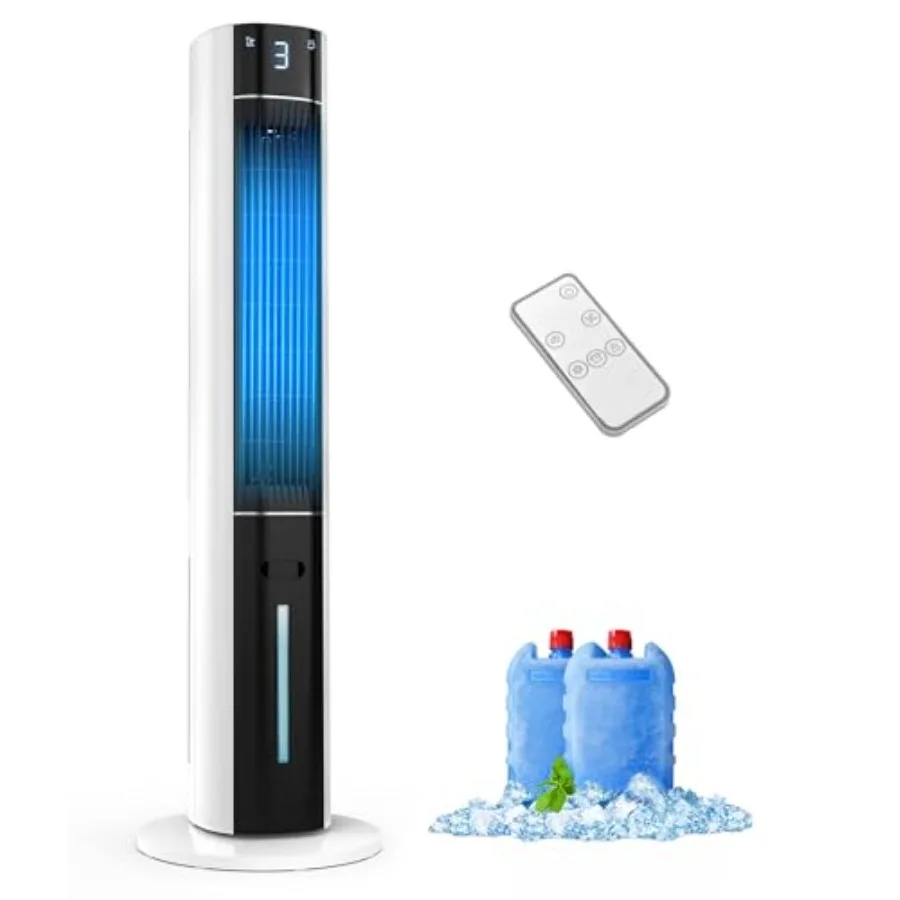 

Evaporative Air Swamp Cooler - 38inch Portable Tower Fan for Bedroom, Plastic Body, White, 3L Water Tank + Ice Packs + Remote +