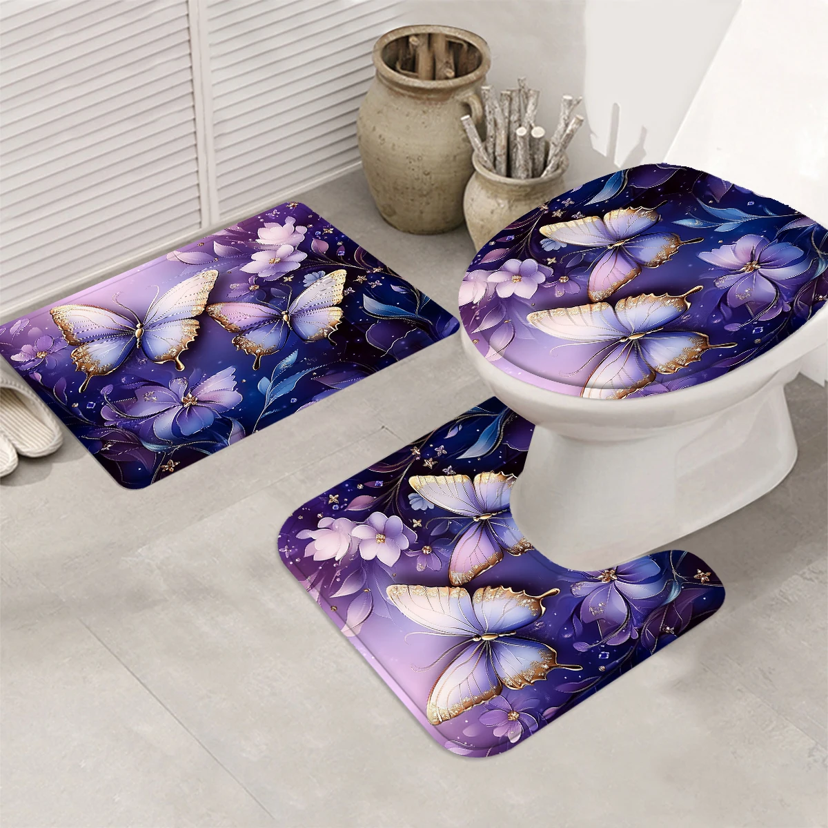 1/4PC Butterfly Purple flowers 3D shower curtain set,waterproof shower curtain and waterproof non-slip carpet,12free hooks