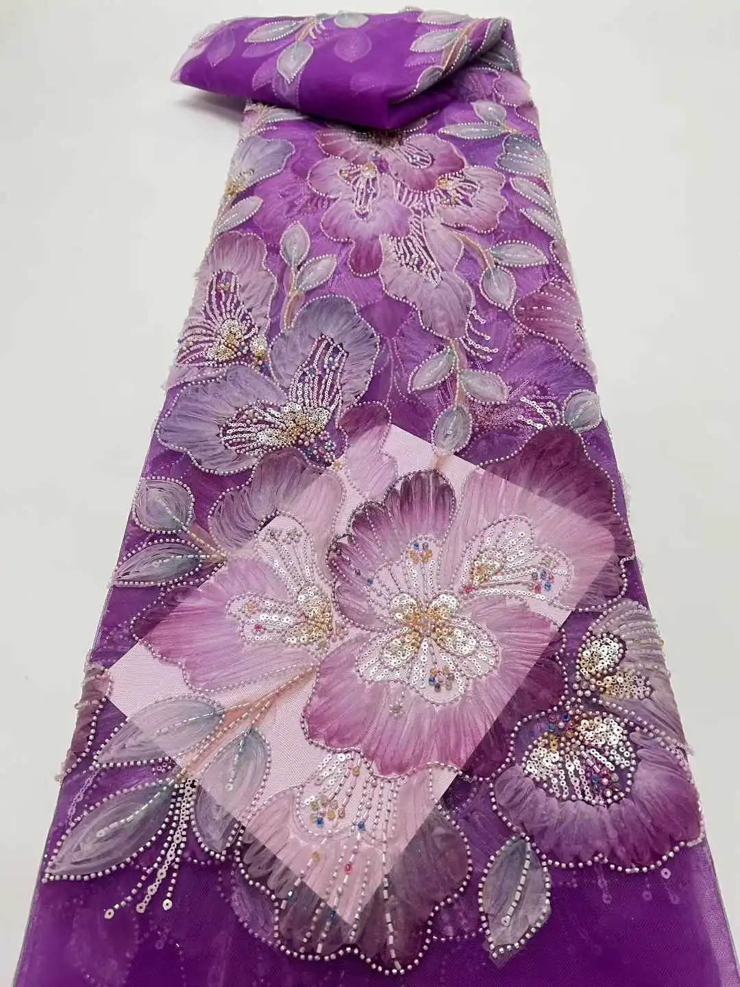 

2025 Luxury High Quality Dubai Sequence Mesh Material Royal Bridal Beaded Lace Fabric For Wedding Dresses