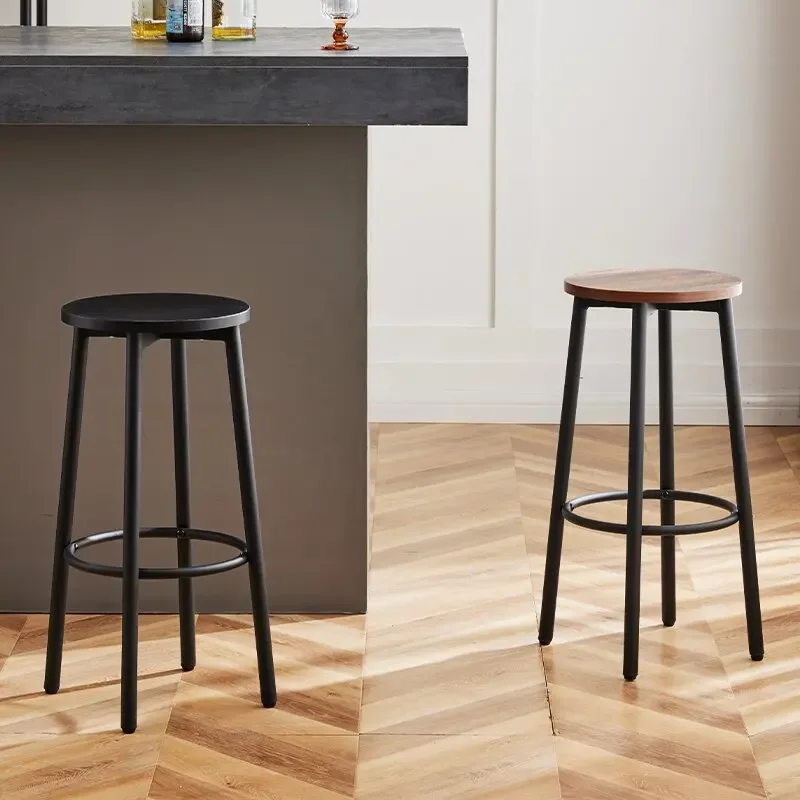 

Four-Legged Bar Stool Solid Wood Counter Chair for Phone Store or Pub Round Seat Reception Stool Modern High-Tall Dining Chair