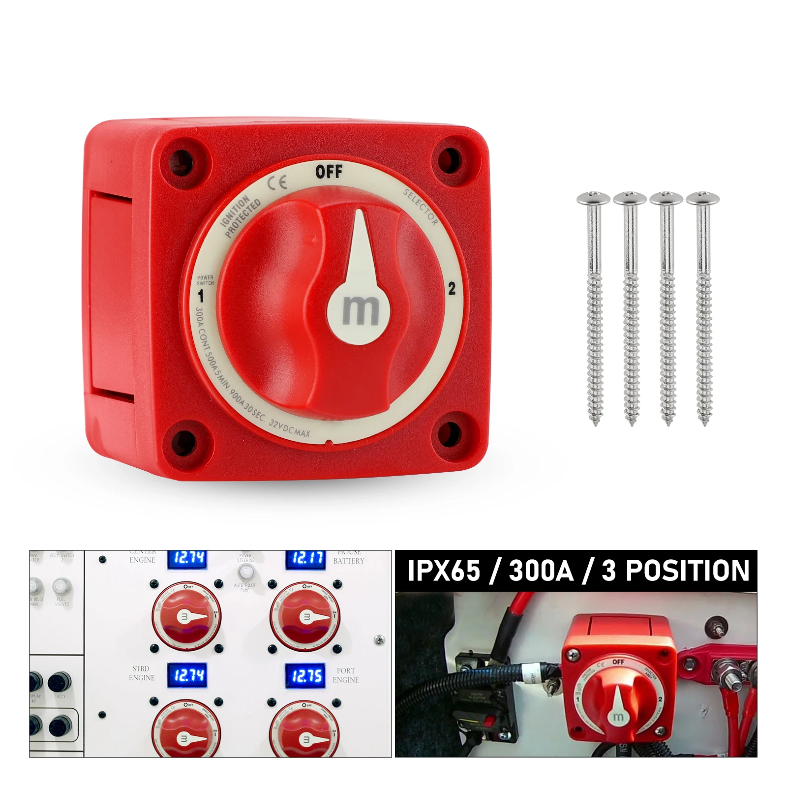 3 4 Position Dual circuit Battery Mass Marine Switch 300A DC 32V Isolator Disconnect Rotary Switch for Camper Car RV Truck Boat