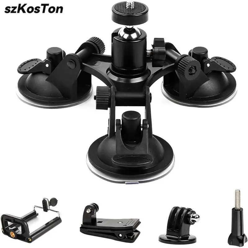 Triple Suction Cup Mount for DJI OSMO Action 4 3 Gopro 13 12 11 10 9 8 7 with 1/4" Standard Thread Adapter for Insta360 X4 X3 X2