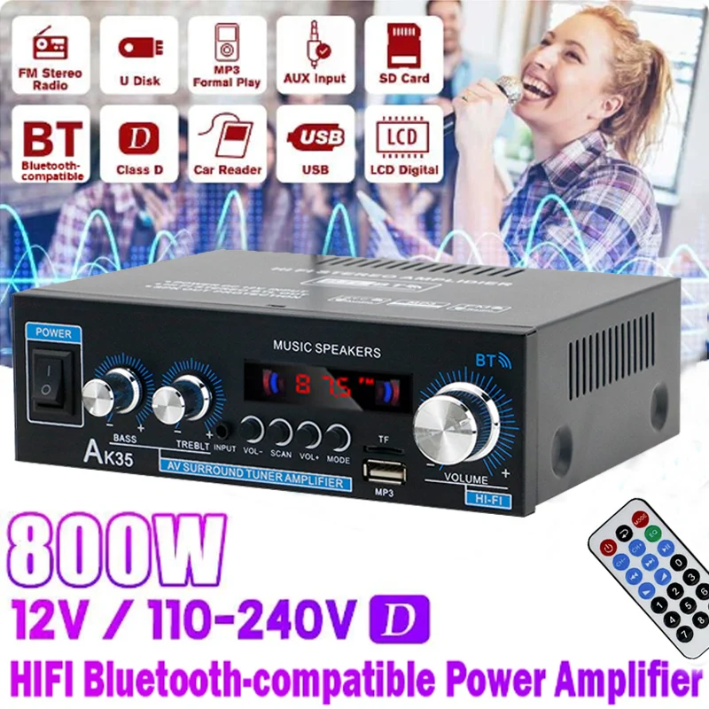 

Sound Amplifier 、Bluetooth Amplifiers HiFi Digital Amplifier AK35 MP3 Channel 2.0 AMP Support 110V-240V for Home Car MAX 400W*2