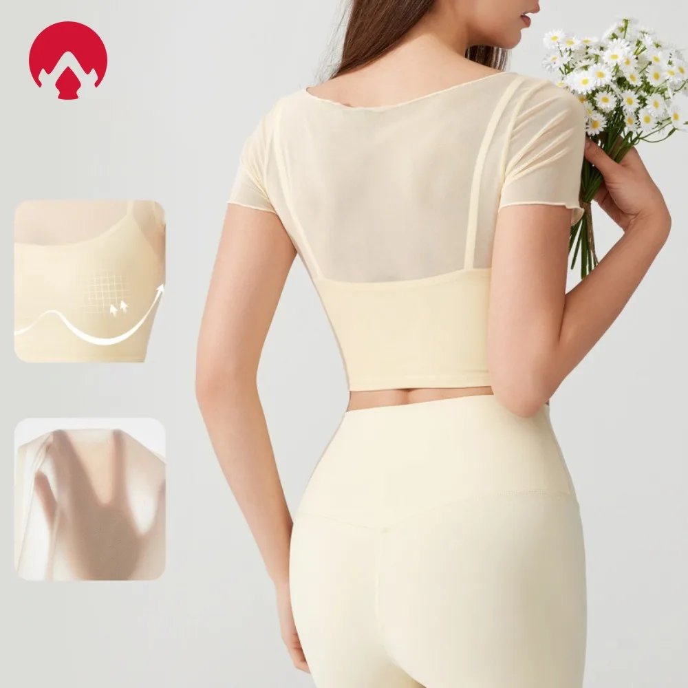 

2-in-1 Two-Piece Short Sleeve Workout Top Built-in Bra Running Yoga Pilates Fitness T-Shirt Athletic Activewear Sports Bra Women