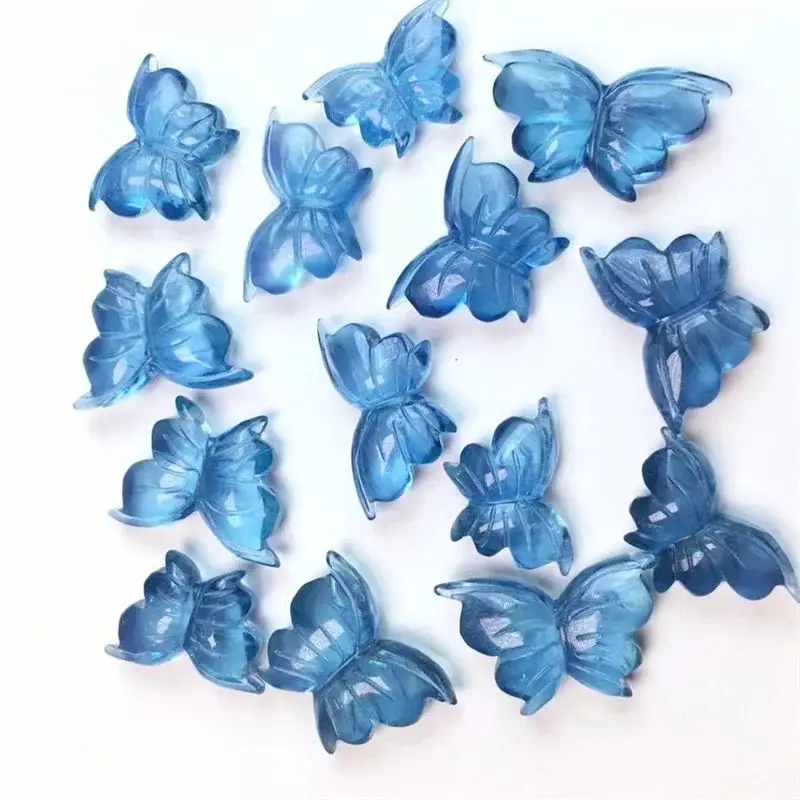 4pcs Natural Aquamarine Butterfly Carvings Healing Stone Reiki Gift Craft Figurine Home Room Decoration Jewelry 11-14mm