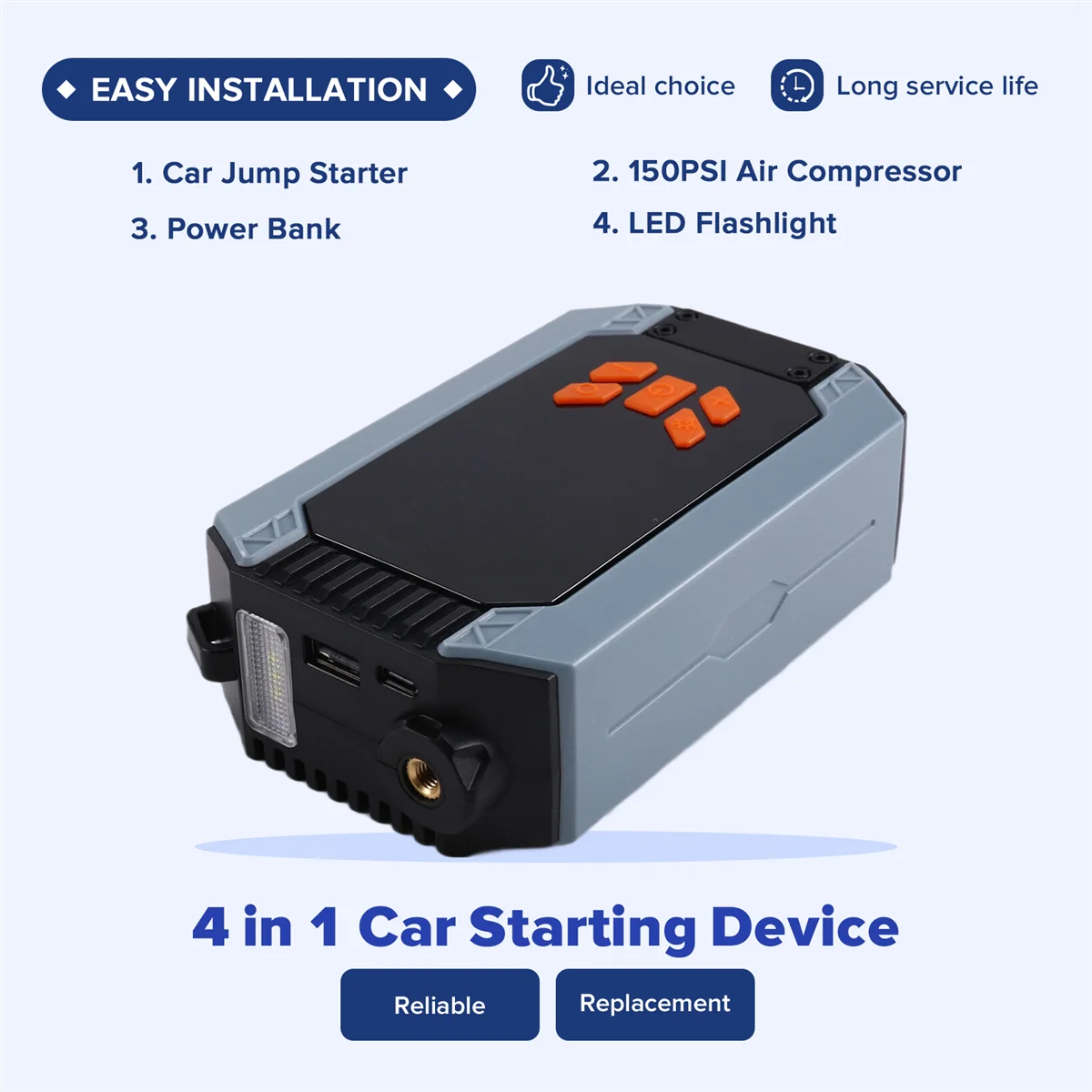 مضخة هواء محمولة للقفز والسيارة 150 رطل لكل بوصة مربعة ضاغط هواء قوة البنك الداعم جهاز السيارة منفاخ إطارات السيارات