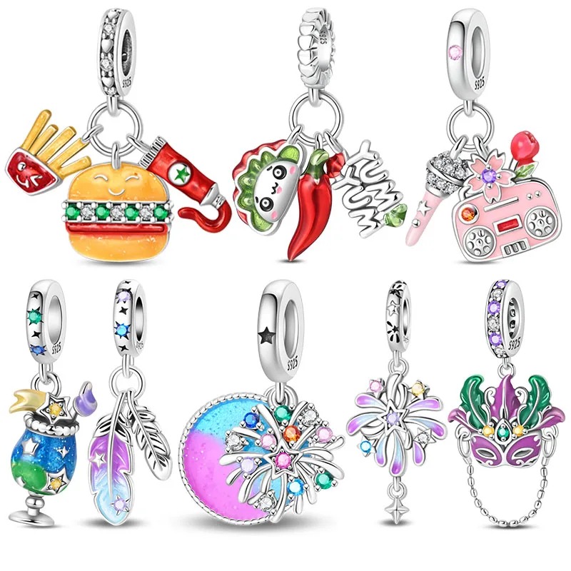 

Food Series Series Charm 925 Sterling Silver Pepper Hamburger Dangle Pendant Fit Original Charm Bracelets Women DIY Jewelry Gift