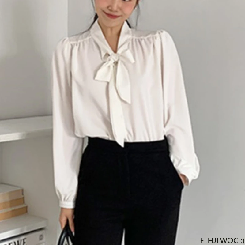 2024 Hot Bow Tie Tops Women Korean Style Design Clothes Long Sleeve Elegant Office Lady Cute Ribbon Sweet Basic Shirts Blouses