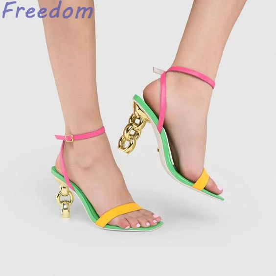 Colorful color-block vitality of summer with fashion square toe open-toe sandals high heels women\'s model