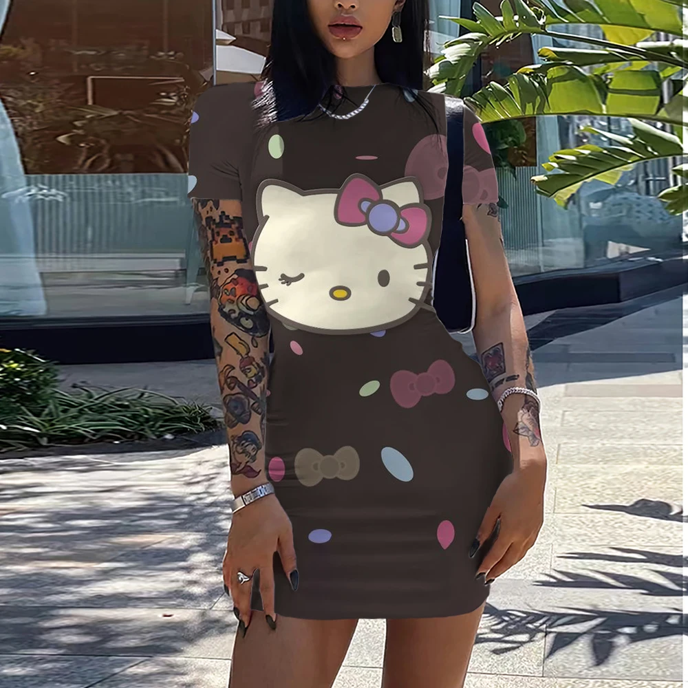 4XL 5XL LW Plus Size Round Neck Bodycon Long Dress Summer Women Elegant Hello Kitty 3D Printed Short Sleeve Bodycon A line Dress