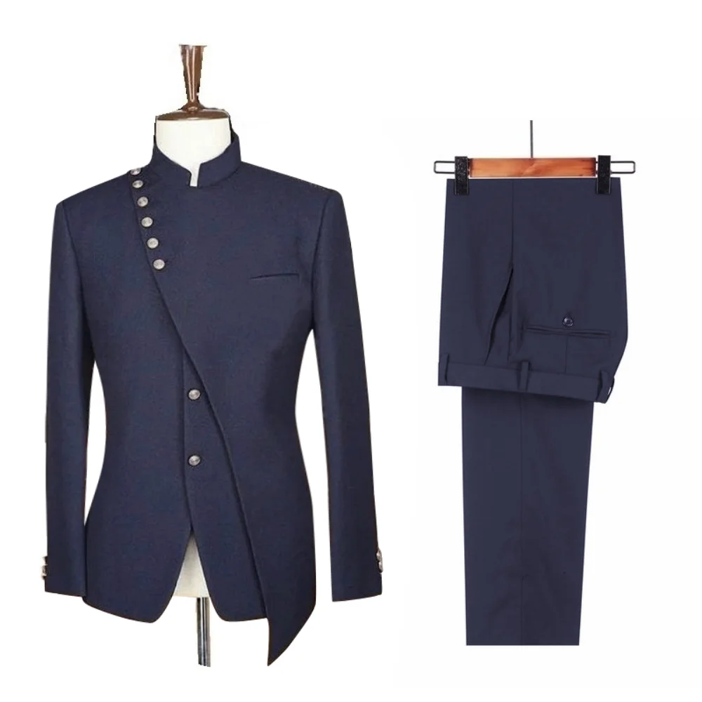 

Navy Blue Men Suits 2 Piece Latest Design Single Breasted Stand Collar Costume Homme Party Wedding Groom Tuxedo (Blazer+Pants)