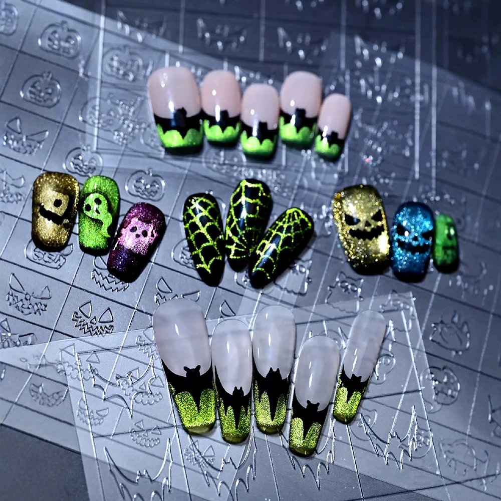 1pcs Halloween Pumpkin Spray Painted Nail Stickers 3D Hollow French Pumpkin Ghost Spider Web Bat Nail Decals Aid Patting Slider#