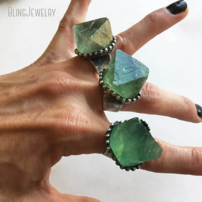 

Green Fluorite Octahedron Wicca Stainless Steel Ring Women Crystal Gemstone Witch Boho Goth Punk Rock Chunky Statement Jewelry