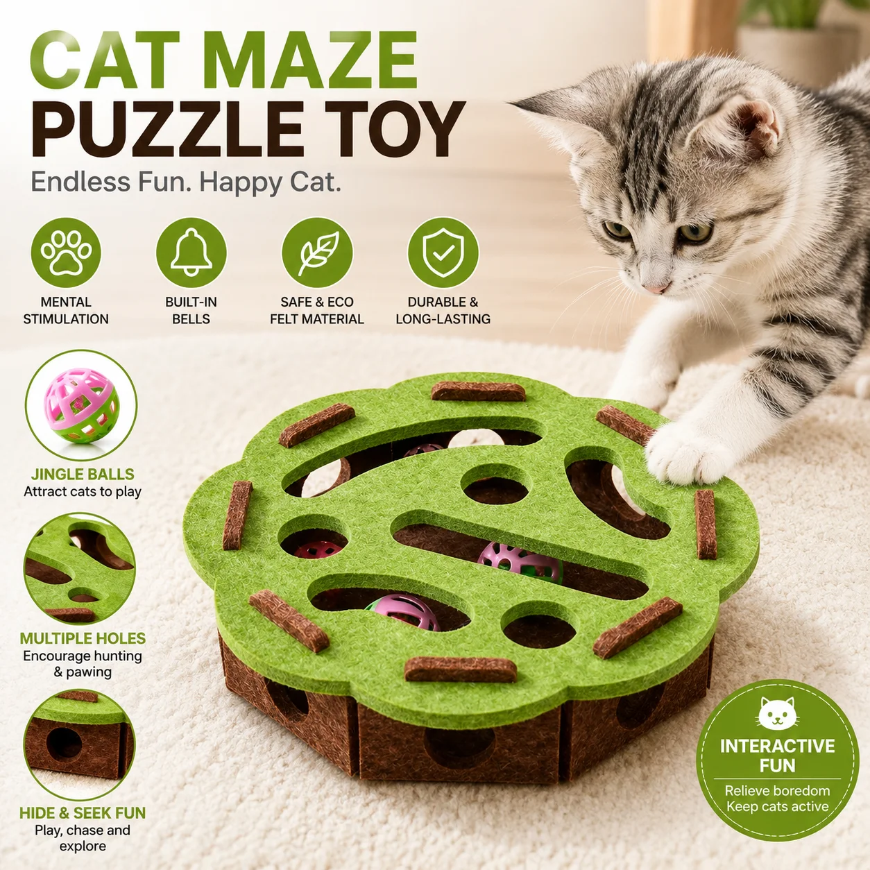 Filz-Katzen-Puzzlebox mit Ball Interaktives Futtersuchspielzeug Jagd-Übungsgerät für Katzen zur Beschäftigung und Langeweilebekämpfung