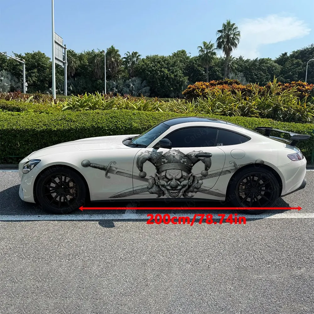 2pcs Hardcore Dark Jester with Sword Car Side Wraps, Self-Adhesive PVC Waterproof & Scratch-Resistant Stickers